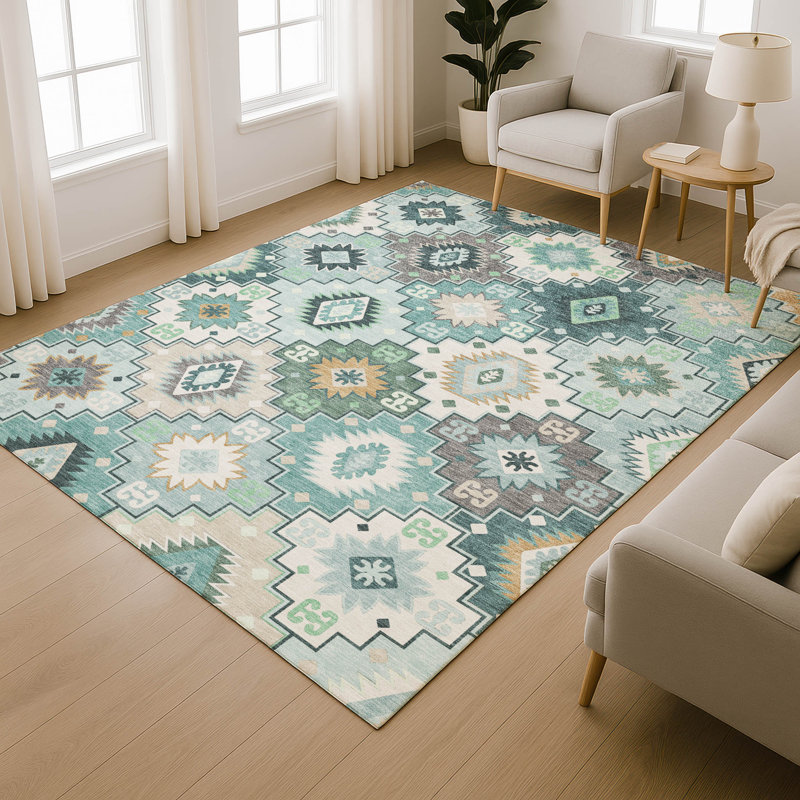 Premium Machine Washable Mayfield  Ethnic Rug, Teal, 3' x 5'