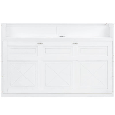 White Twin Xl Bed With Desk, Led & Charging Station. Solid Pine Wood And Frame For A Practical Home Office Or Guest Room Port. Construction An Efficient