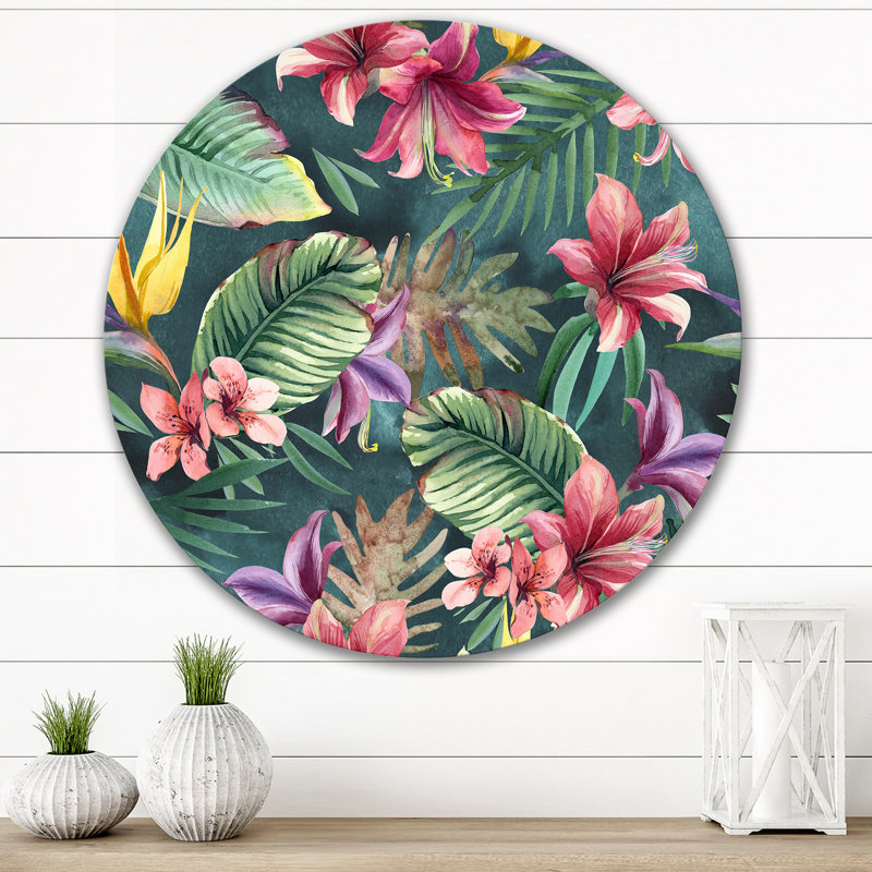 Fleur tropicale rouge dans des feuilles de palmier - Cercle traditionnel en métal, art mural, H 11 po x l 11 po x P 1 po