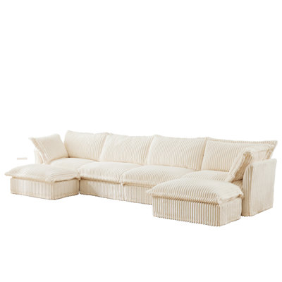 Canapé 4 places en U de couleur crème - siège profond avec tissu en velours côtelé, bordures françaises et coussins multiples pour la maison, salon riche