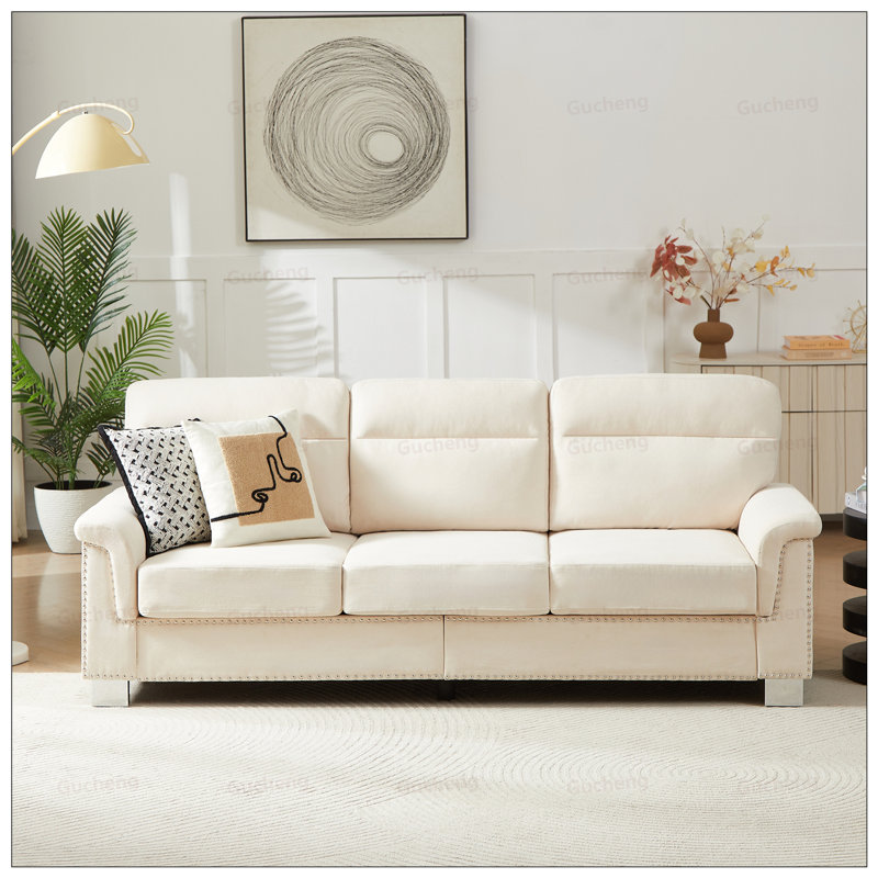 Canapé moderne à 3 places en tissu Snowfleece, confortable et élégant pour divers espaces, Blanc