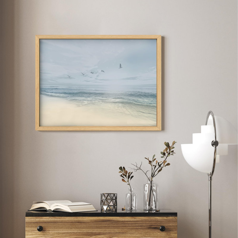 Volée d'oiseaux au-dessus de la plage, océan, Illustration moderne, petit décor, œuvre d'art moderne, H 11 po x l 14 po