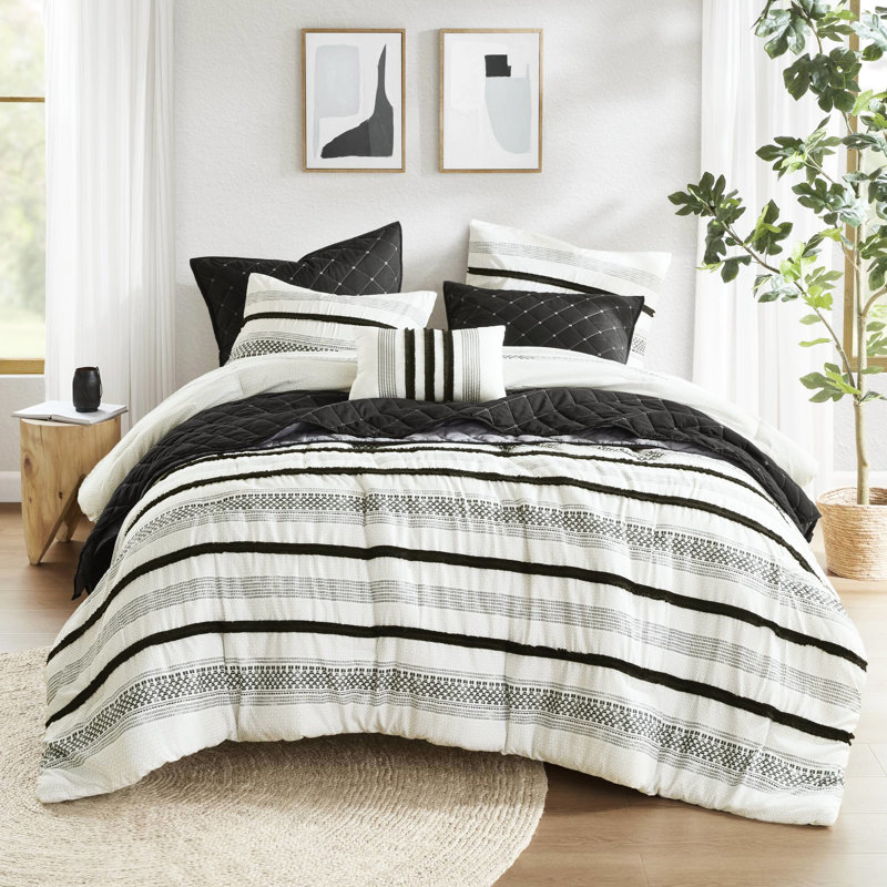 Literie pour lit double / grand lit - 7 pièces à rayures, microfibre, douce et moelleuse, offre une conception d'édredon à motif d'édredon pour un sommeil relaxant, option élégante