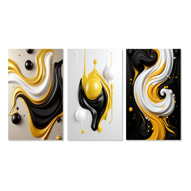 3 pièces sur toile - Abstrait minimal liquide en noir et blanc, Toile tendue, H 40 po x l 60 po