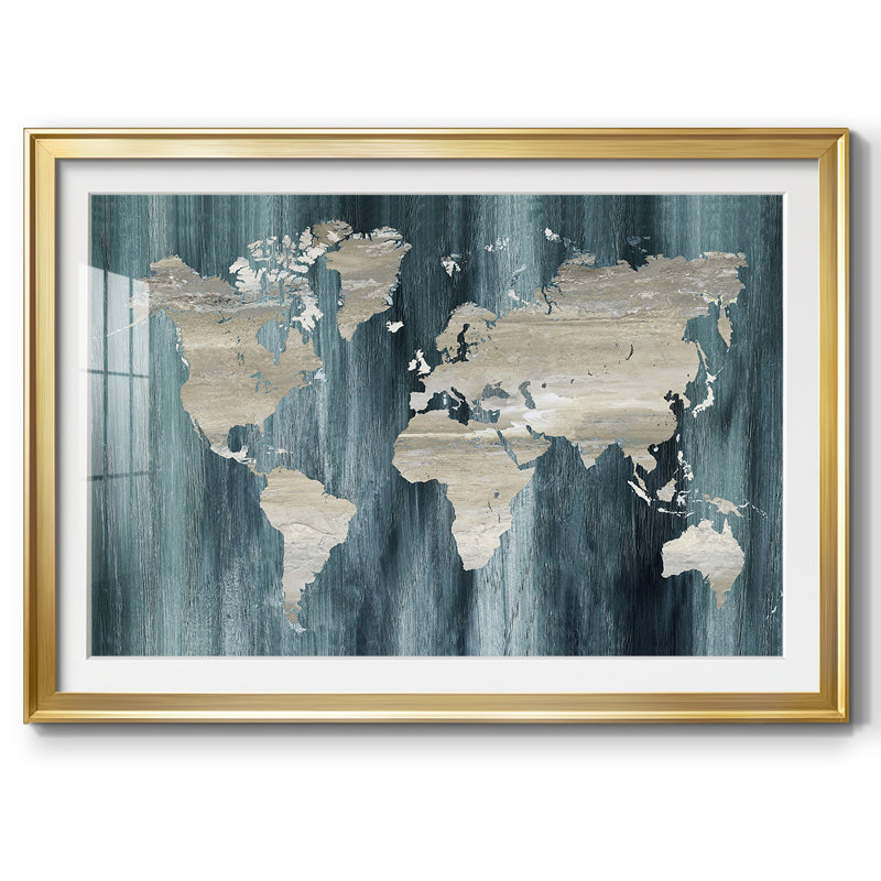 Carte du monde marine, H 15 po x l 21 po x P 1,5 po, Or