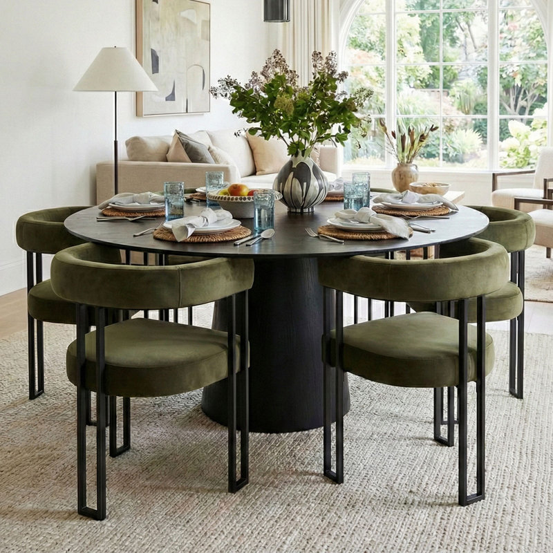 7-Piece 60" W Round Dining Set with Velvet Chairs, Green