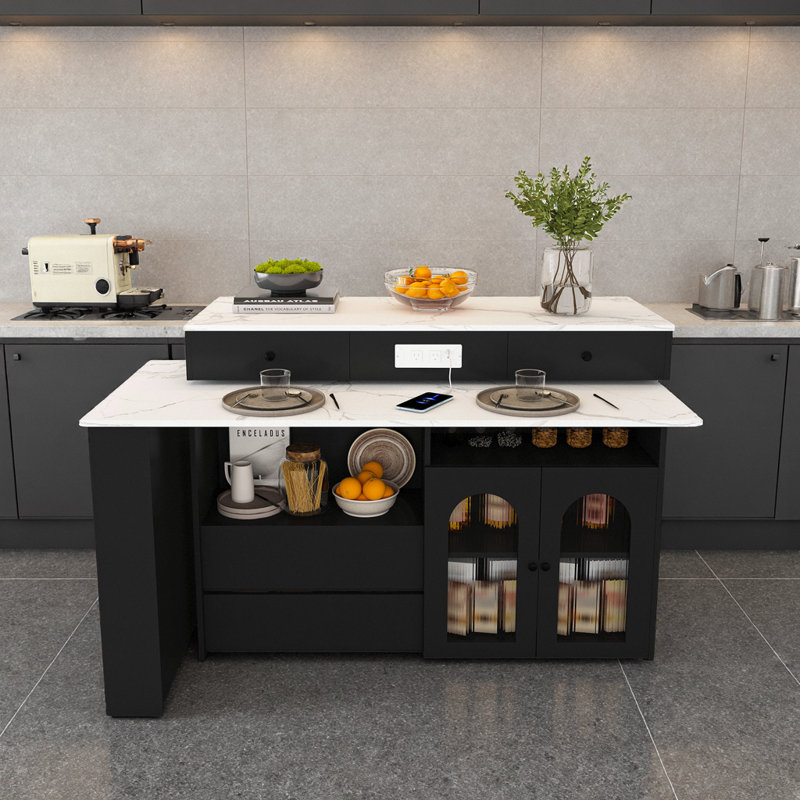Retro Walnut Kitchen Island with Extendable Rotating Table 4 Drawers Glass Cabinets Built-in Socket, Black