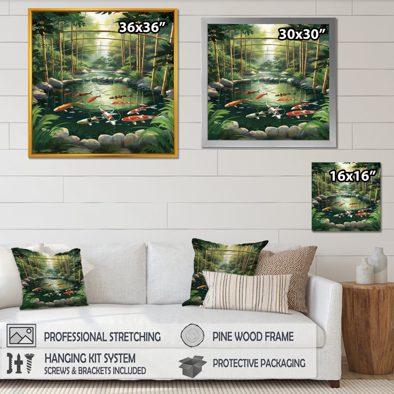 " Bamboo And Koi Pond Showcase ", 30" H x 30" W x 1" D, White Single Picture Framed