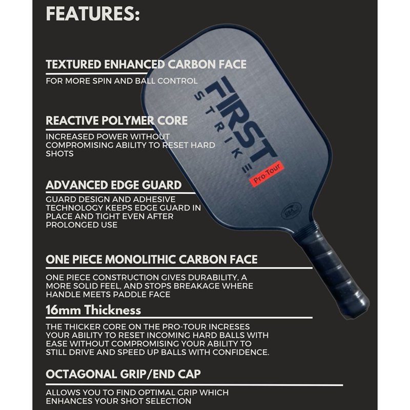 First Strike Pickleball: Pro-Tour Pickleball Paddle - Elongated, 16mm Thick Polymer Core, Carbon Fibre Surface, Advanced Edge Guard, 4 3/8" Grip, Gear
