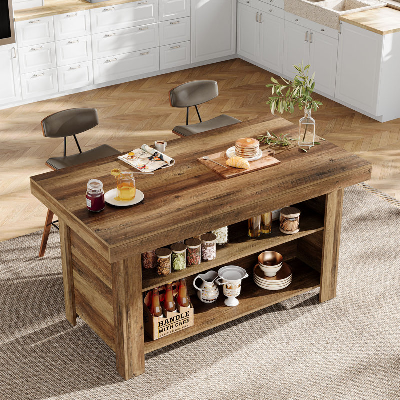 Farmhouse Kitchen Island With Storage Shelves, 55 Inch Island Table With Large Countertop, Brown