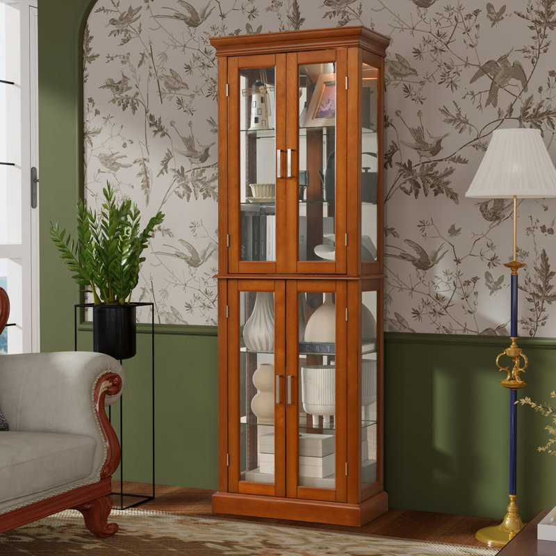Light Walnut Color Curio Cabinet 6 Tier Lighted Curio Display Cabinet with Adjustable Shelves and Mirrored Back Panel, Tempered Glass Doors(E26 light bulb not included)
