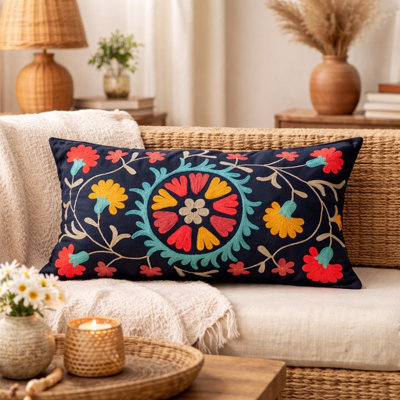 Decorative Lumbar Pillow with Insert| Embroidered Floral Design Pillow 24x14" | Multicolor