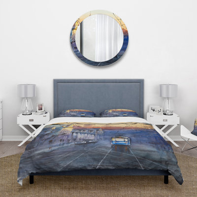 Blue Tram At Sunset With Church During Sunset - Nautical Duvet Cover Set - Microfiber Polyester