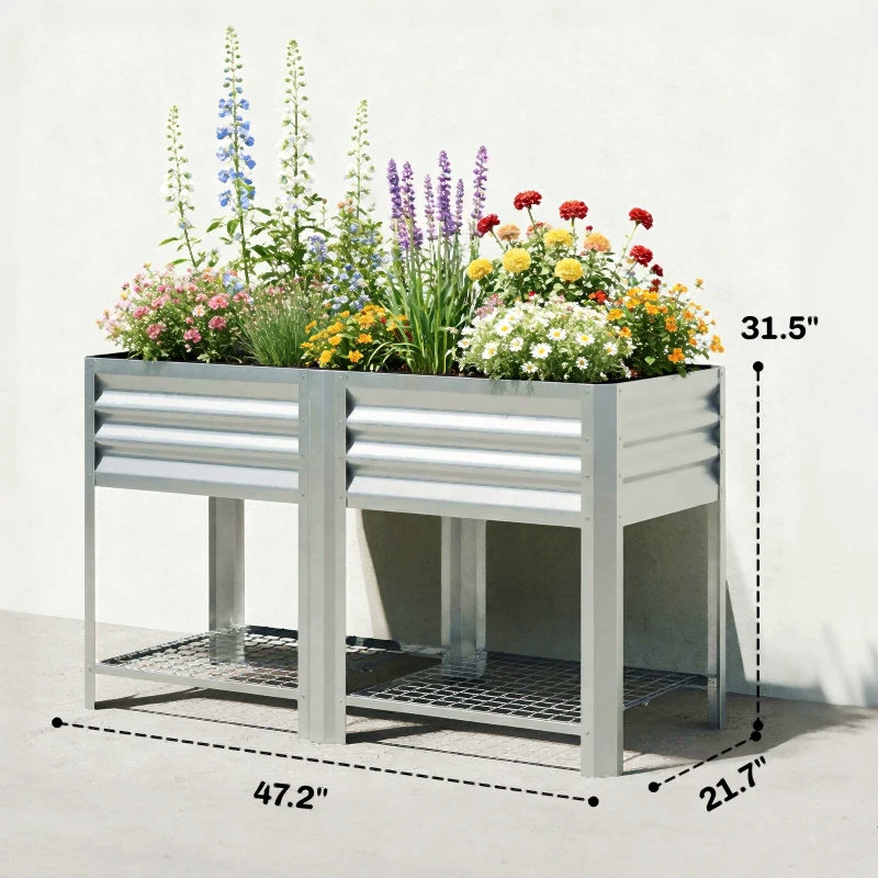 Patio Planter Box,Outdoor Elevated Planter Box,Raised Garden Bed, Silver