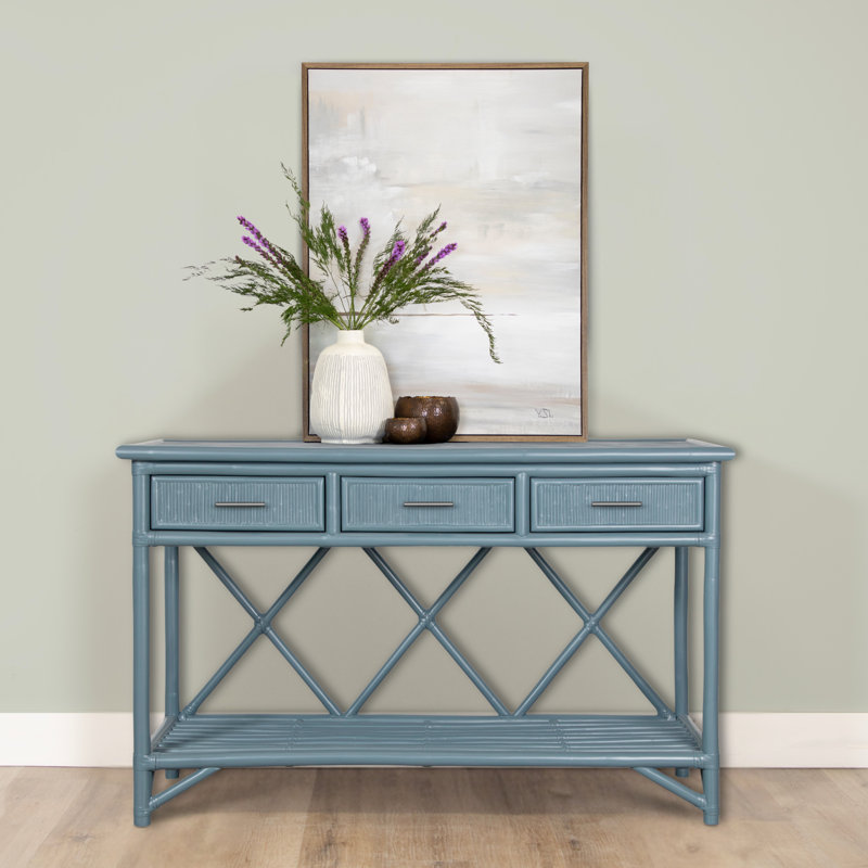 54'' Wide 3 Drawer Rattan Wood Sideboard, Regatta Blue