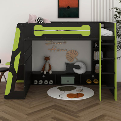 Lit mezzanine pleine grandeur avec bureau, structure de lit mezzanine en bois avec tablettes, lumière RVB et station de charge pour enfants, adolescents et adultes