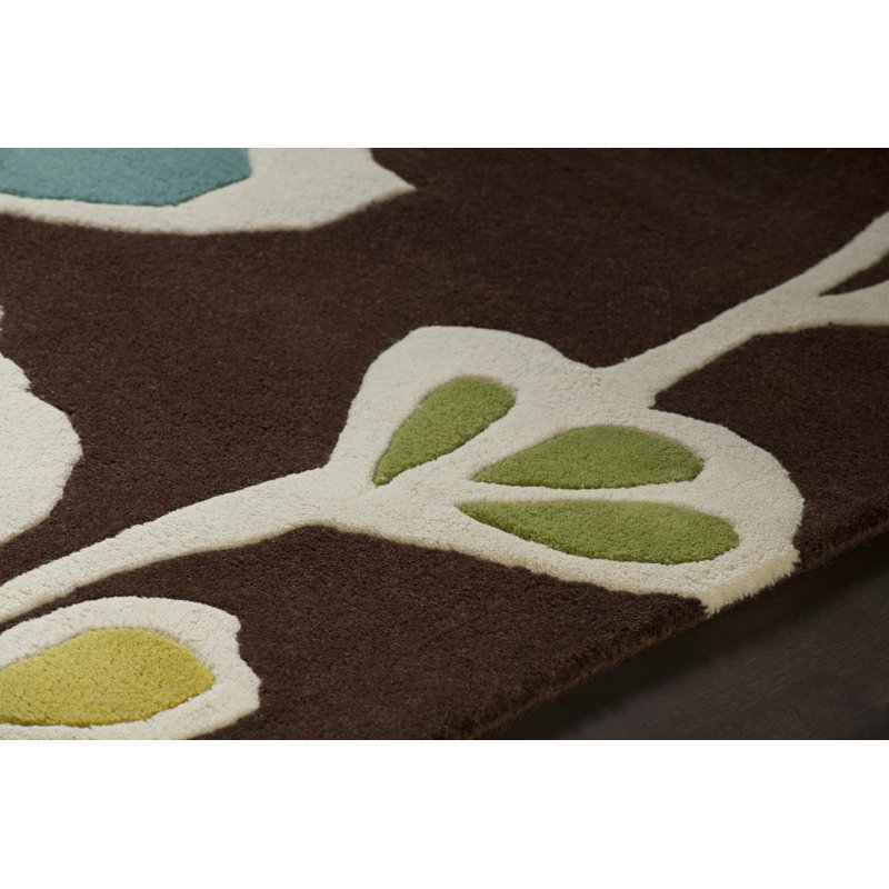Tapis d'intérieur à motif floral en laine touffeté à la main brun et vert Cox Authentic, 5 pi x 7 pi 6 po