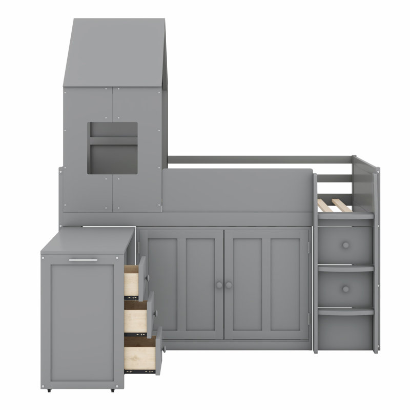 Lit mezzanine complet en bois avec bureau, armoires et tiroirs, Gris