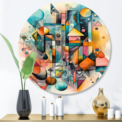 Blue And Orange Geometry Balance II - Abstract Geometric Round Wall Art on Metal