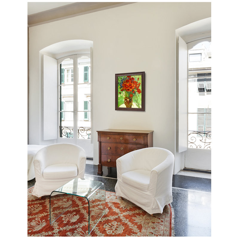 Coquelicots et marguerites rouges, H 16 po x l 20 po, Encadrement brun