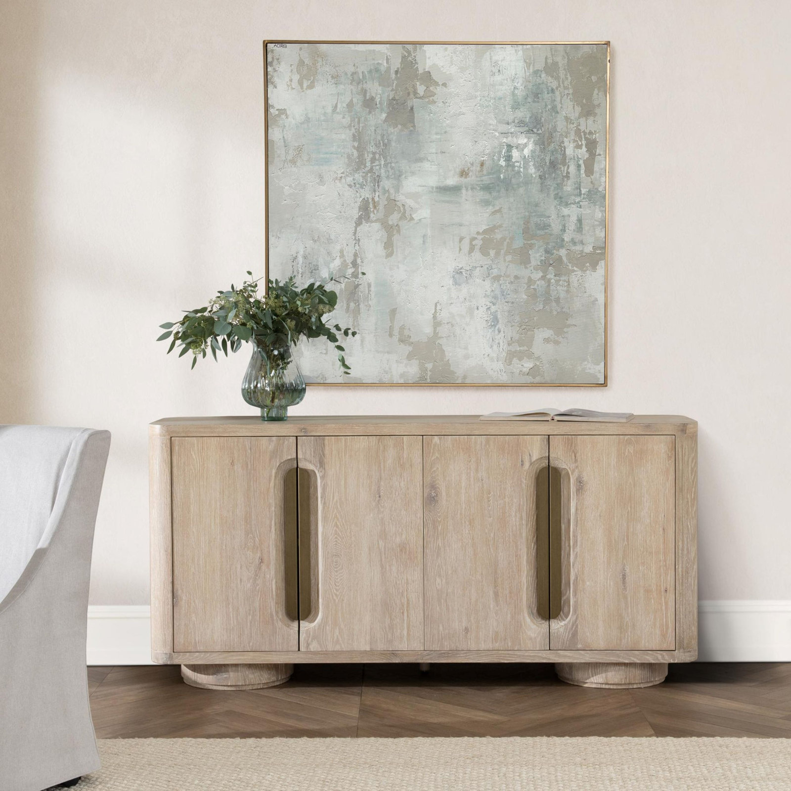 Tiber 74" Oak Veneer Wood Buffet Sideboard, White Wash