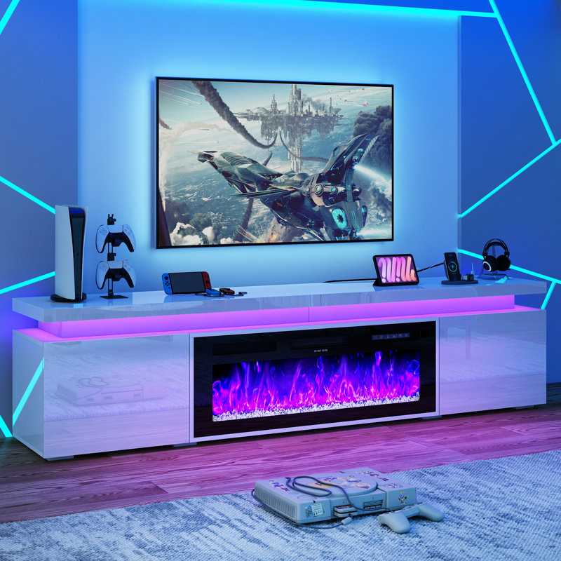 71" LED TV Stand With 40" Fireplace For Tvs Up To 80", Charging Station/Power Outlet Included, White