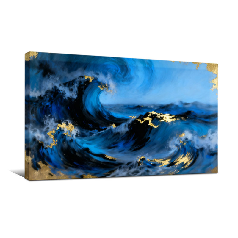 Impression nautique et plage avec vagues dorées et accents dorés, H 28 po x l 58 po