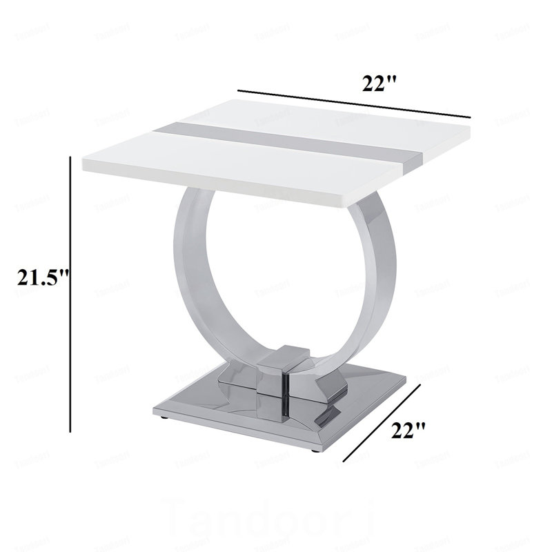 Table d'appoint argentée et blanche, piètement en forme de O, plateau carré, mobilier de salon luxueux, Argent