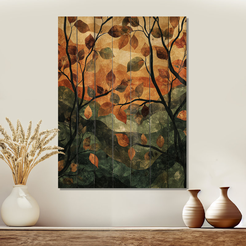 Feuilles de la forêt brune, tranquillité II - feuilles, art mural sur bois de pin naturel, H 40 po x l 30 po x P 0,78 po