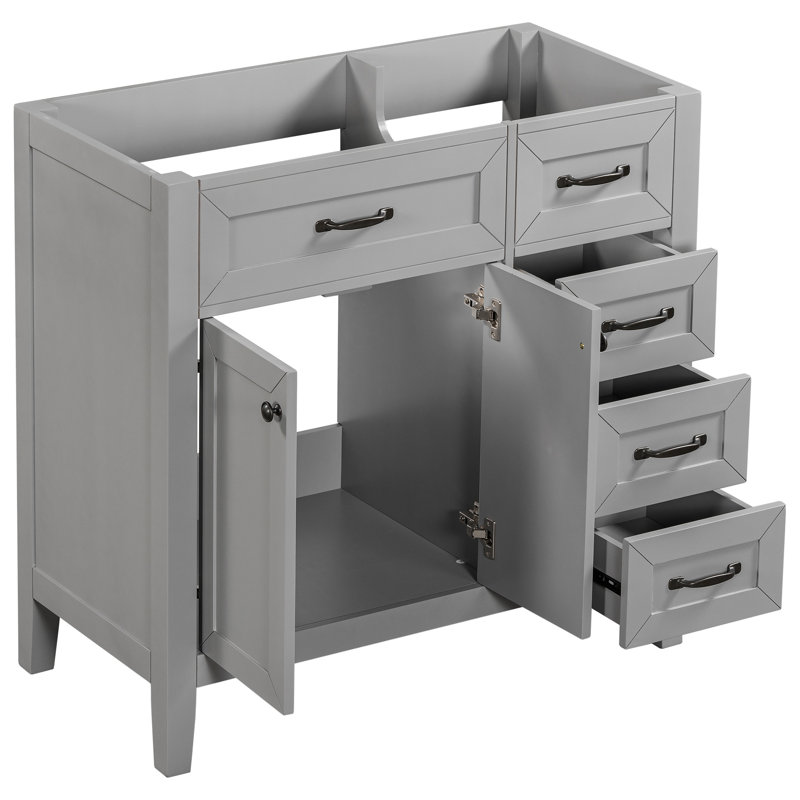 Grey 36" Bathroom Vanity Base - Solid Rubber Wood & Modern Style Cabinet With Drawers Rack Freestanding Fixture Assembly Required Base, Construction Contemporary