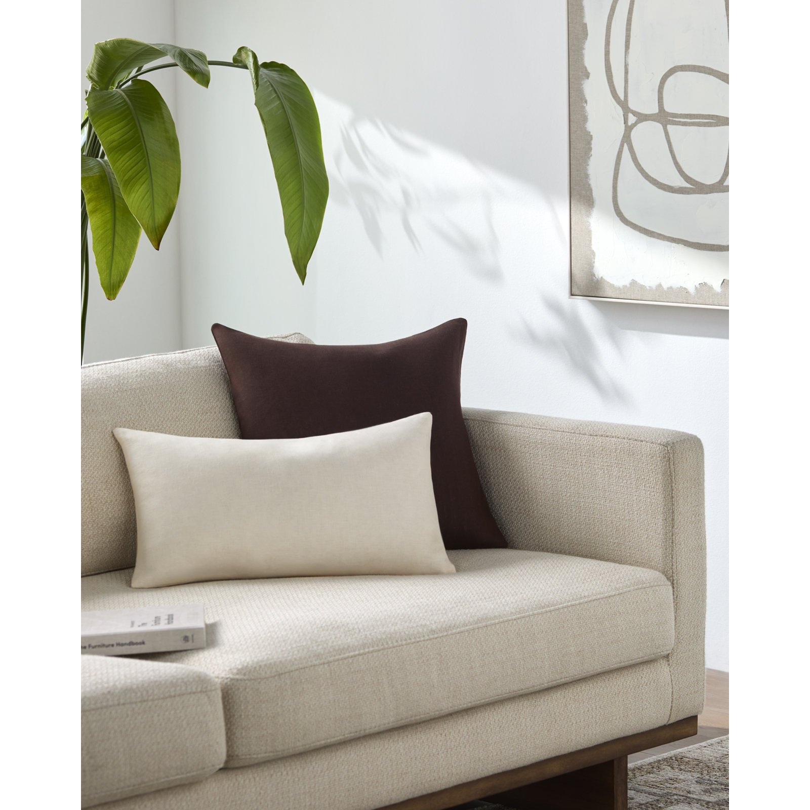 Lanie Linen Throw Pillow, Beige, Duck Down, Rectangle 12"H x 21"W