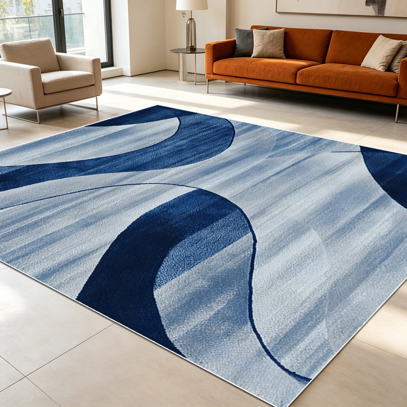 1PC Modern Abstract Wavy Navy Blue & White Geometric area rugs for Living Room, Soft and Comfortable, Suitable for all seasons, easy-to-maintain, machine washable Indoor floor mat, Under Table Farmhouse suitable for dining room, bedroom, entryway,