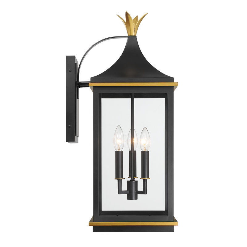 Meggett 3 Light Matte Black + Textured Gold Outdoor Sconce, 15" H x 10" W x 12.50" D