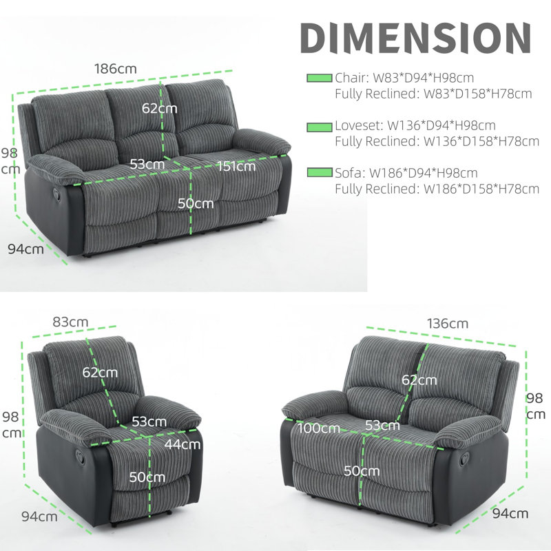Reclining Sofa Sectional Recliner Plush Corduroy Couches Set Sofa, Manual - Push Button