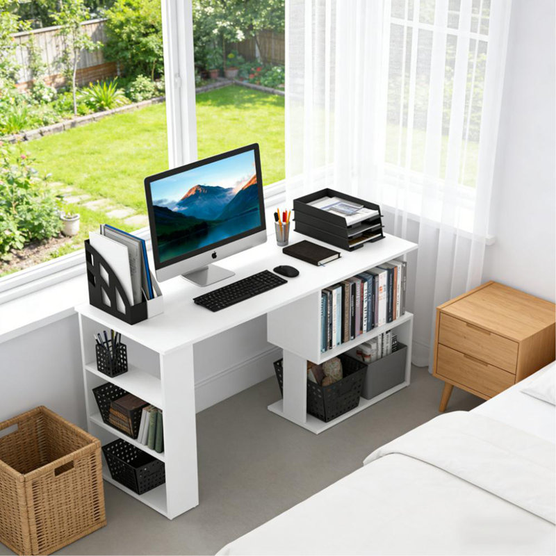 Poste d'écriture, bureau d'ordinateur en coin en L, bureau à domicile rotatif à 360 °