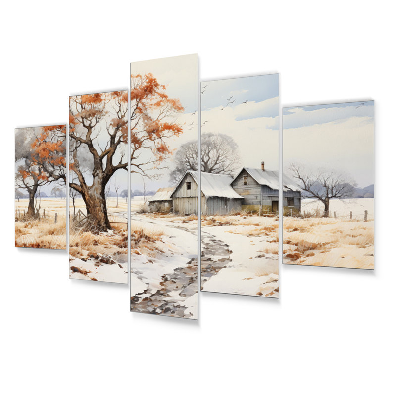 Farmhouse Farmstead Winter Pointillism II - ensemble de reproductions d'art mural en métal Farm