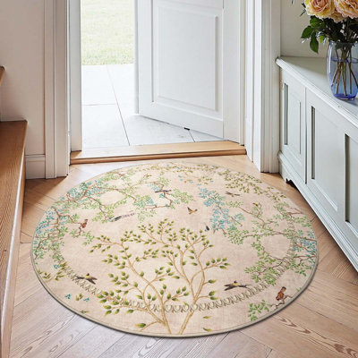 Floral Rug Botanical Birds Print Nature Plants Washable Non-slip Natural Beige/Pink