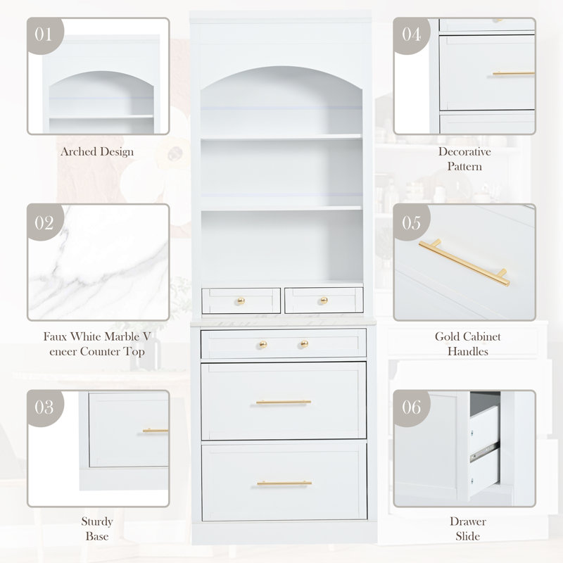 Modern 83.7" High Kitchen Pantry with Faux Marble Top, Freestanding Tall Hutch Cabinet, 5 Drawers & Adjustable Shelves, White