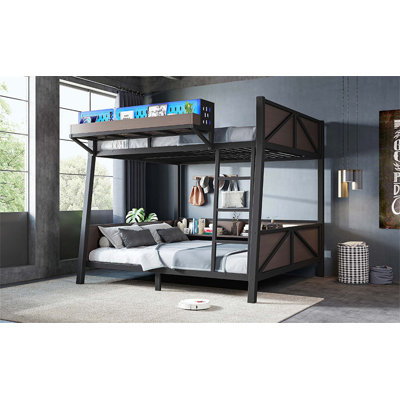 Lit superposé double avec tablettes de rangement, structure en métal avec lumière DEL et ports USB pour enfants, adolescents (matelas non inclus)