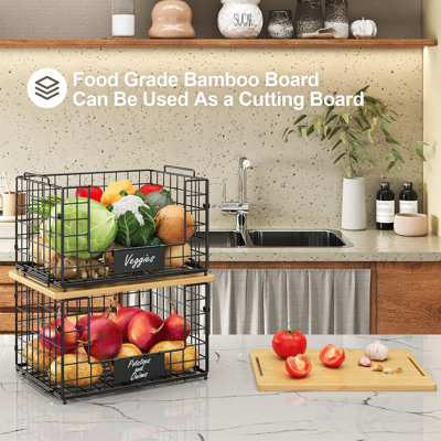 2 Pack Stackable Wire Baskets With Bamboo Top For Pantry Organizers And Storage, Xxl Kitchen Organization Counter Basket For Fruit, Vegetable, Produce, Bread, Potato And Onion Storage Bins