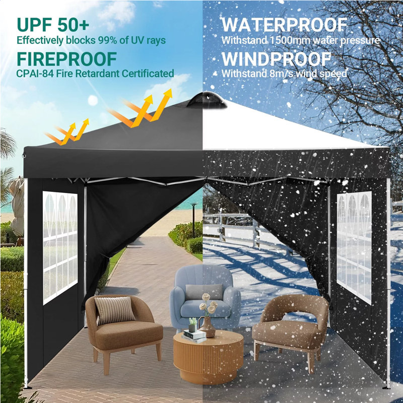 10 Ft. W X 10 Ft. D Steel Pop-Up Waterproof Canopy Tent Ez Outdoor Patio Market Backyard Canopy, Black