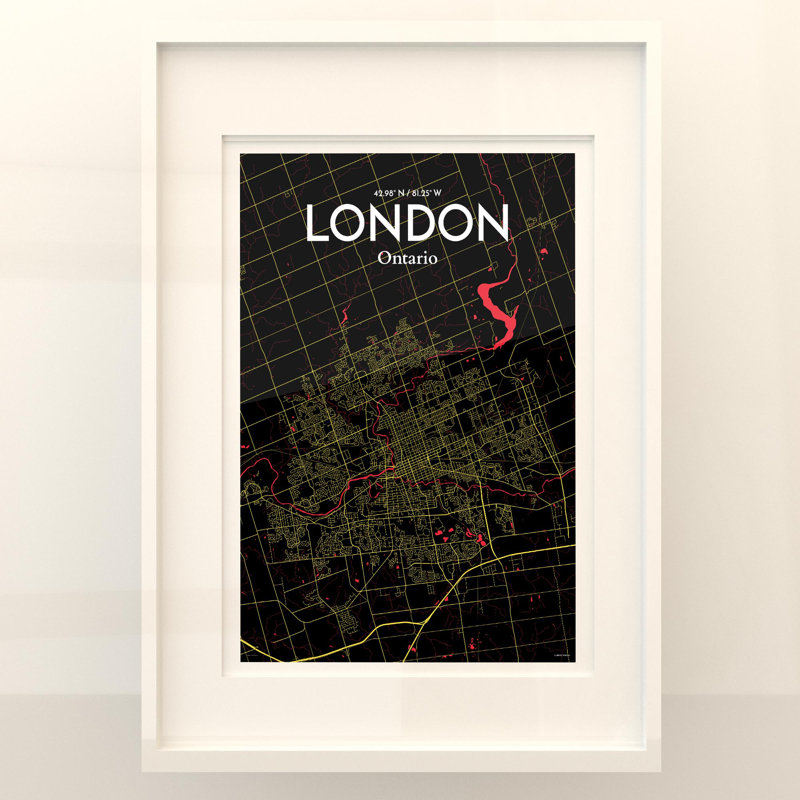 Carte de la ville de Londres, Canada, ensemble d'impressions non encadrées, H 27,6 po x l 19,7 po, Noir / rouge / jaune
