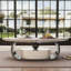 Table basse ovale moderne en faux marbre de 55 po avec base traîneau et tiroir de rangement, plateau en pierre frittée, table centrale d'inspiration rétro-924366958