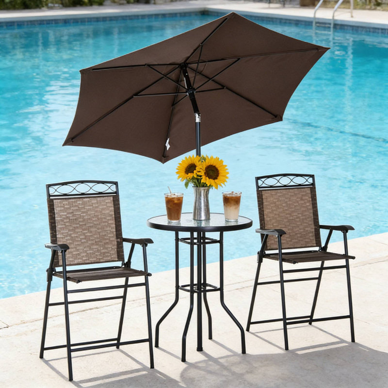 Mobilier d'extérieur pliable avec parasol 4 pièces Aalbert Wade Logan® pour piscine, jardin et jardin, Brun