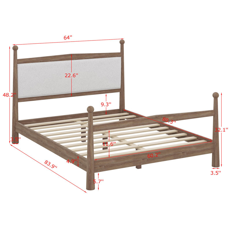 Platform Bed Frame, Solid Wood Bed Frame With Upholstered Headboard In Boucle And Slats Support, No Box Spring Needed, Queen