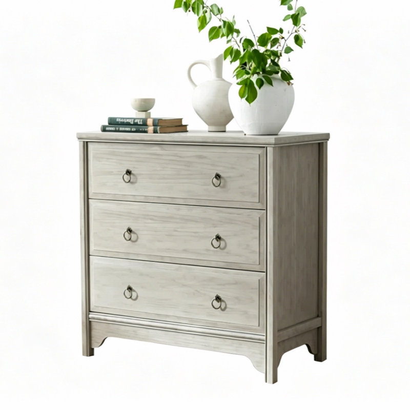 Table de chevet vintage en bois massif à 3 tiroirs, 79 cm de large., Gris