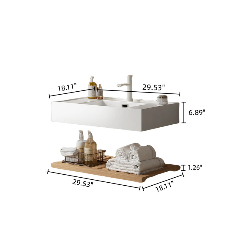 LEDE 30" Bathroom Vanity With Vessel Sink, Wall-Mounted Floating White Rectangular Acrylic Integrated Basin Without Faucet, Striped Shelves Layer, Natural Woodgrain Color
