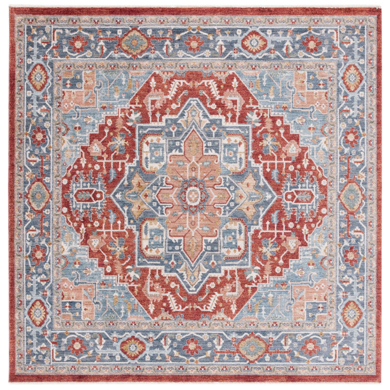 Tapis bleu / rouge ivoire tissé à la machine en polyester Lauren Ralph Lauren 1415, Carré 6 pi 7 po