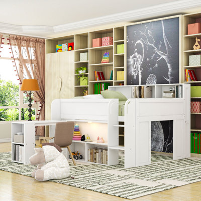Full Size Loft Bed with Desk, LED Lights, and Storage Shelves