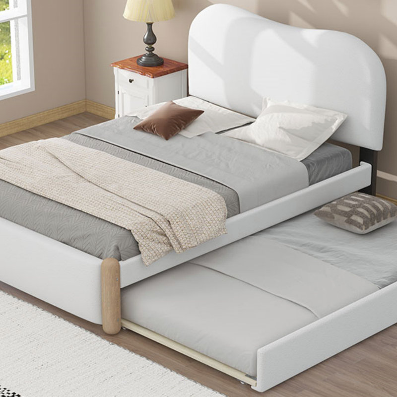 Lit plateforme tapissier avec pieds de support en bois et lit gigogne simple, Lit simple, Blanc